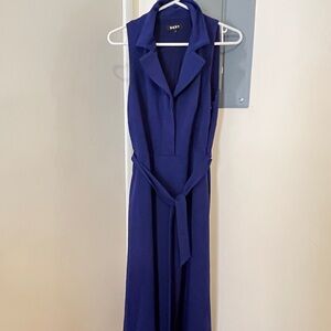 DKNY Women's Deep Blue Midi Dress with belt and side pockets. Size 6